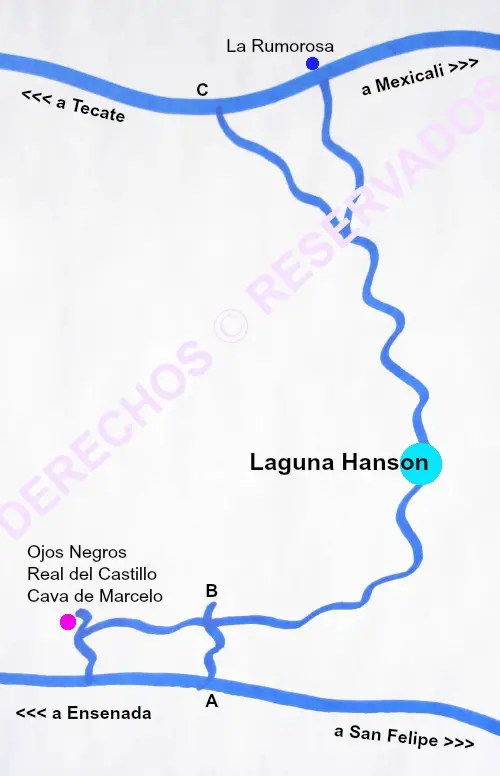 Mapa para Llegar a la Laguna Hanson. Distancias. Cuántos Kilómetros hay a la Laguna y al Parque Nacional Constitución de 1857